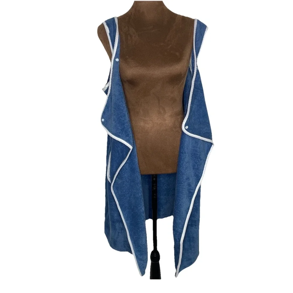 Womens Spa Wrap Soft Terry Cover Up Blue White Trim Pocket One Size (M/L) EUC